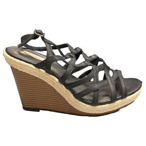 Vera Wang Strappy Sandals Womens Size 8.5 Black Leather Wedge Heels Rope Trim